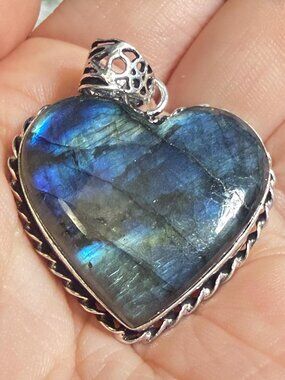 Heart Labradorite Pendant 925 Stamped Bale OOAK Blue Flash Stone